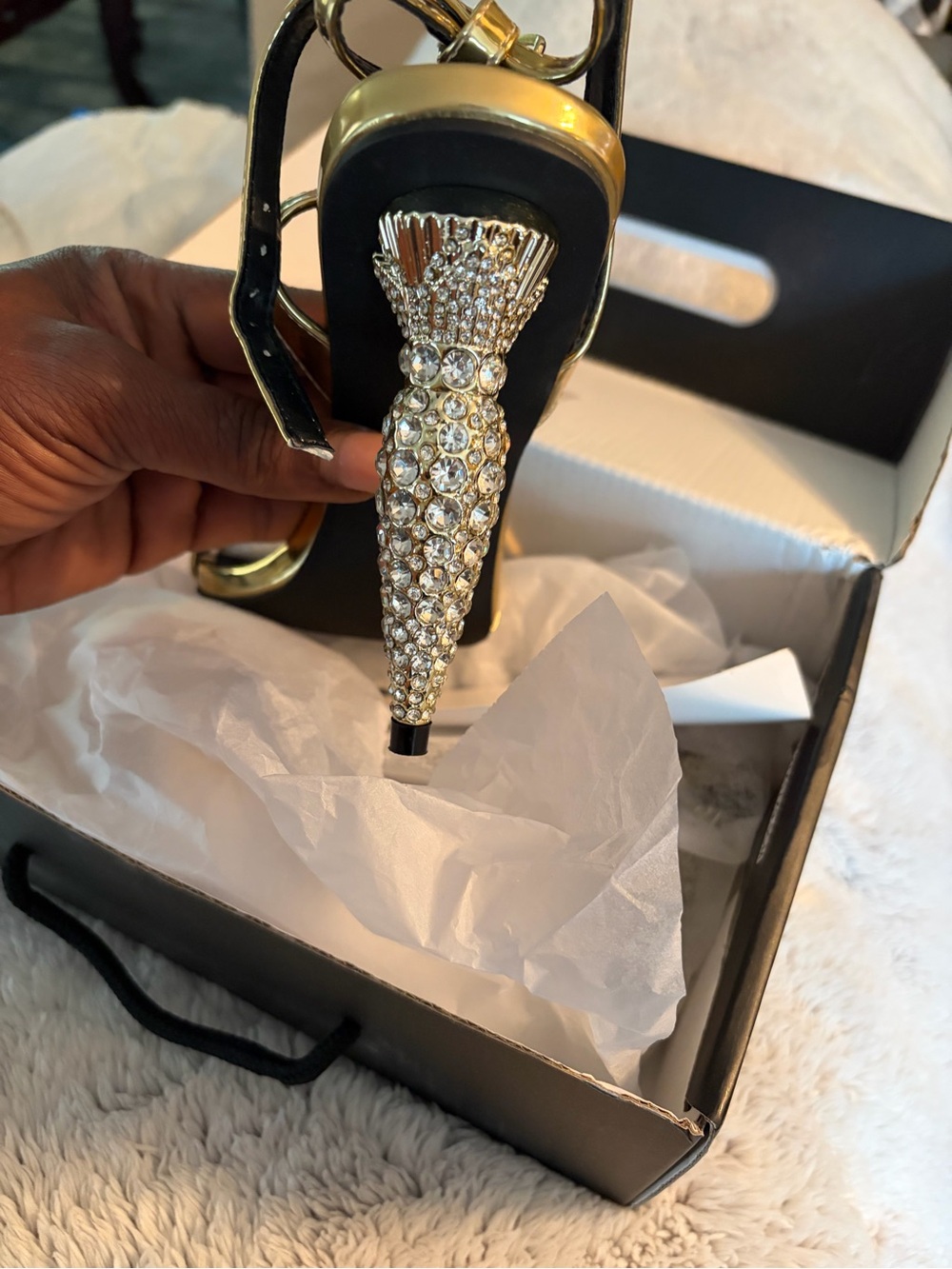 Fashion Nova Gold Pointed Toe Stiletto Sandal with Jeweled Heel - Picture 3 of 4